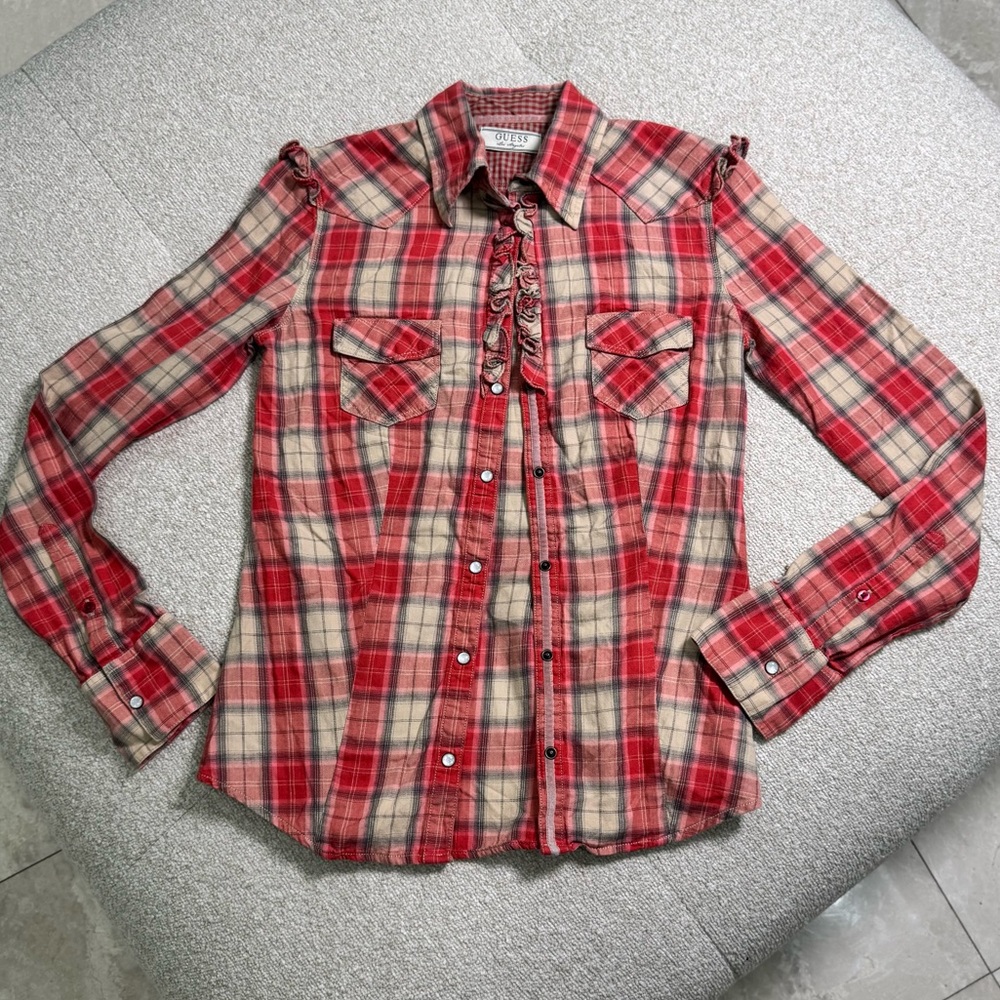 Vintage Guess Red Plaid Button-Down Shirt with Ruffle Detail- Size Small